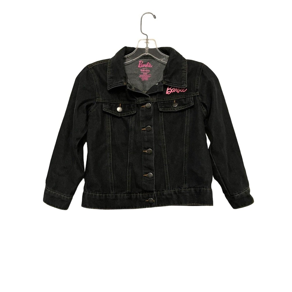 Barbie Dark Indigo Blue Jean Denim Jacket Girls Size 6‎ 6X Pink Button Up Retro